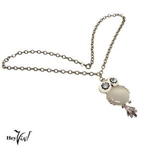 Vintage Enamel Owl Pendant Necklace Rhinestone Eyes Tail Moves 24" Chain Hey Viv